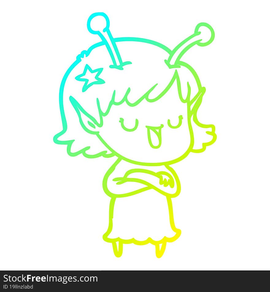 Cold Gradient Line Drawing Happy Alien Girl Cartoon