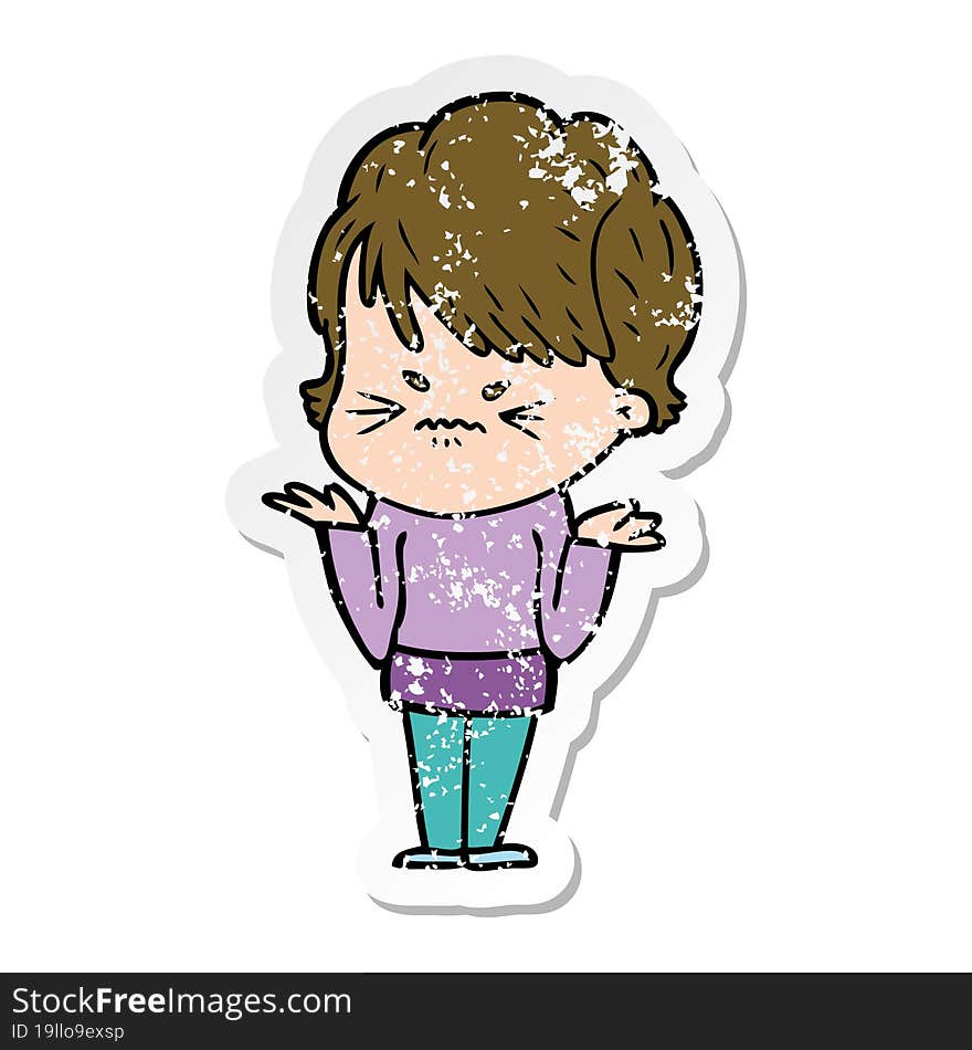 Distressed Sticker Of A Cartoon Frustrated Woman