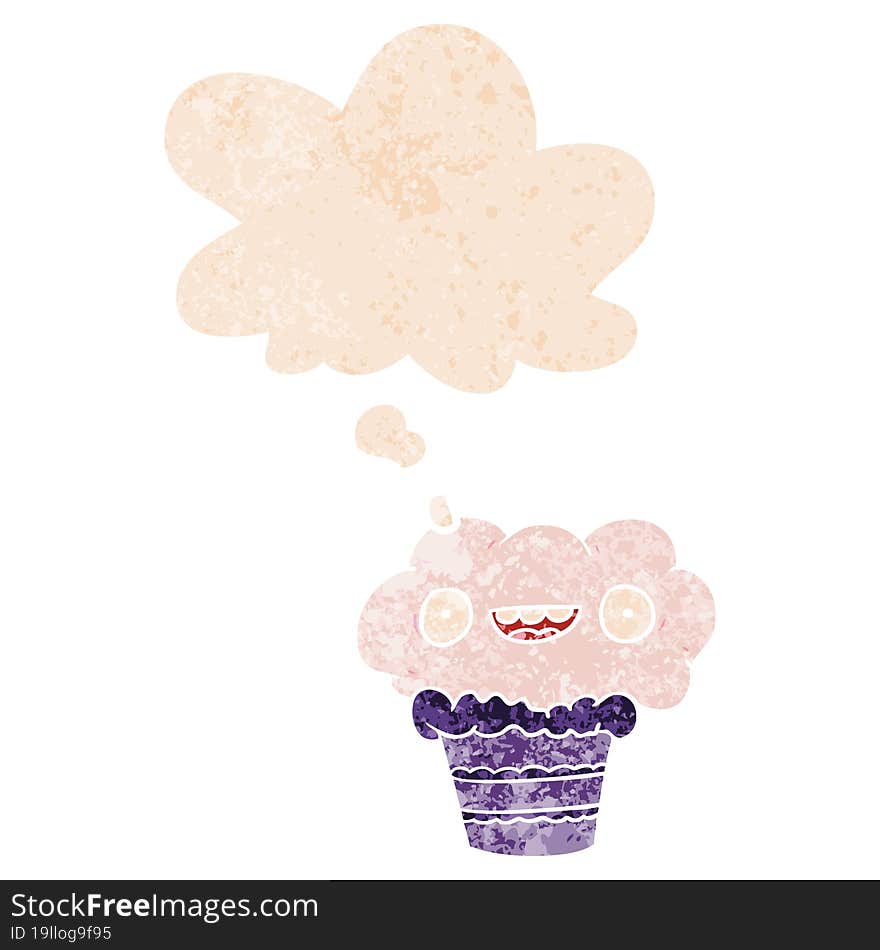 cartoon cupcake and thought bubble in retro textured style