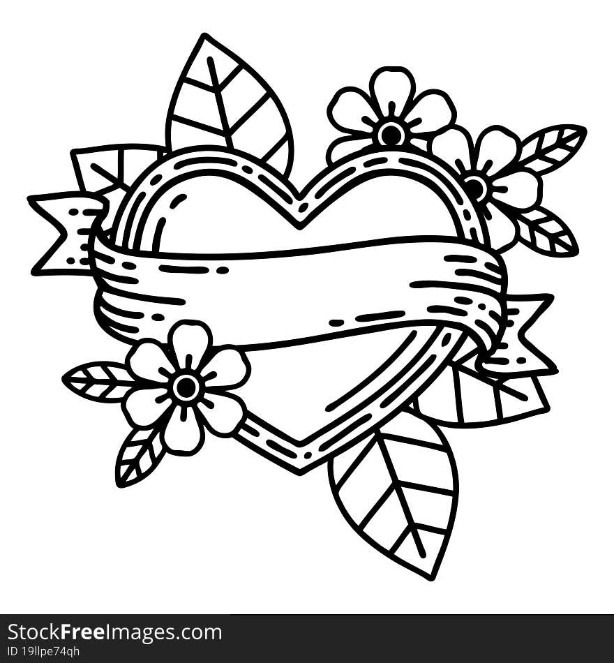 tattoo in black line style of a heart and banner. tattoo in black line style of a heart and banner