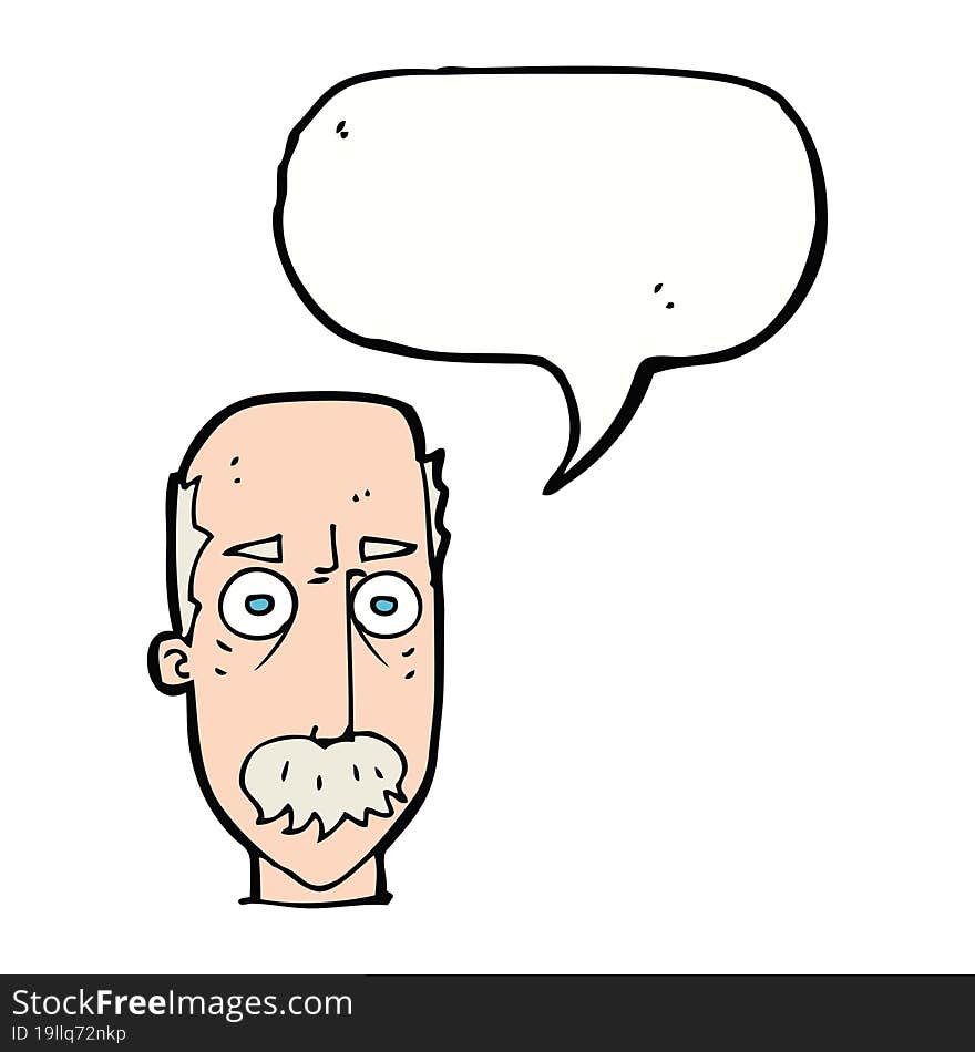 cartoon man with mustache with speech bubble