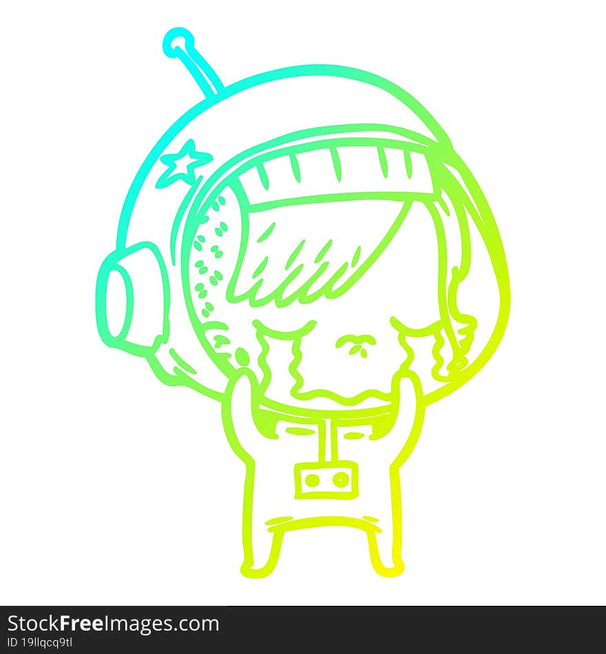 cold gradient line drawing of a cartoon crying astronaut girl