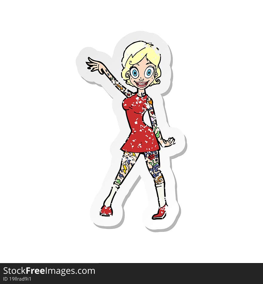 retro distressed sticker of a cartoon woman with tattoos