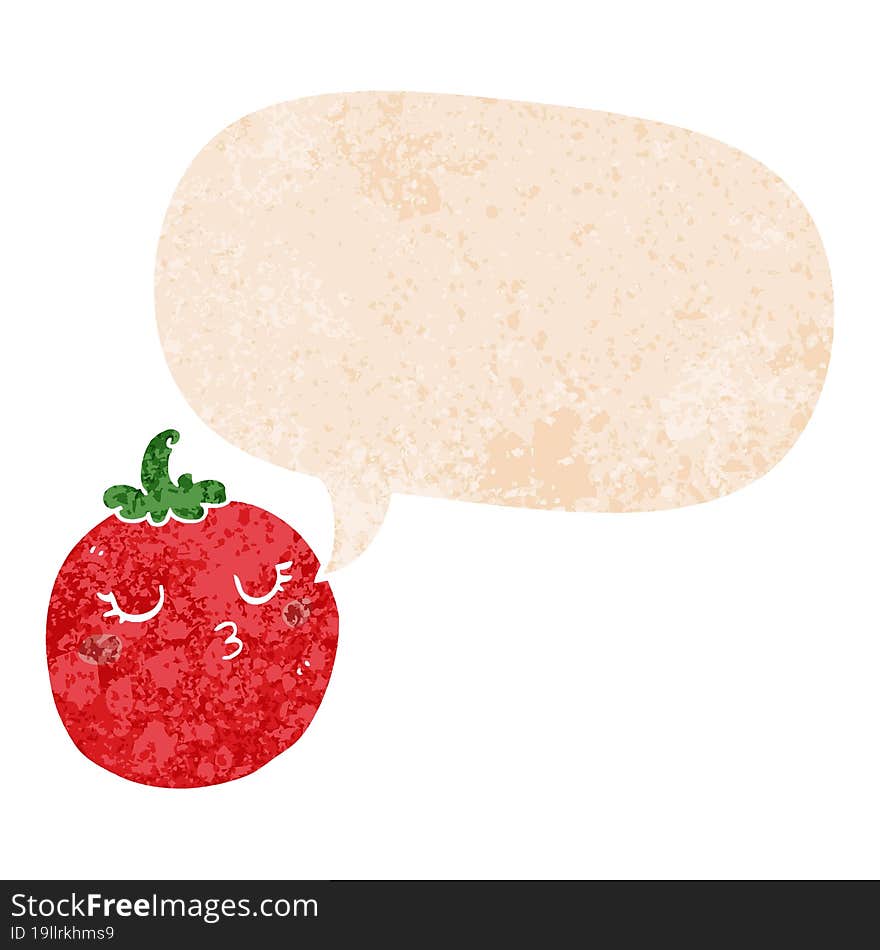 cartoon tomato and speech bubble in retro textured style