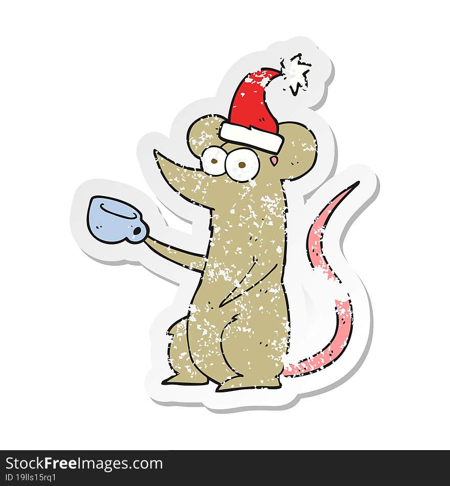 Retro Distressed Sticker Of A Cartoon Mouse Wearing Christmas Hat