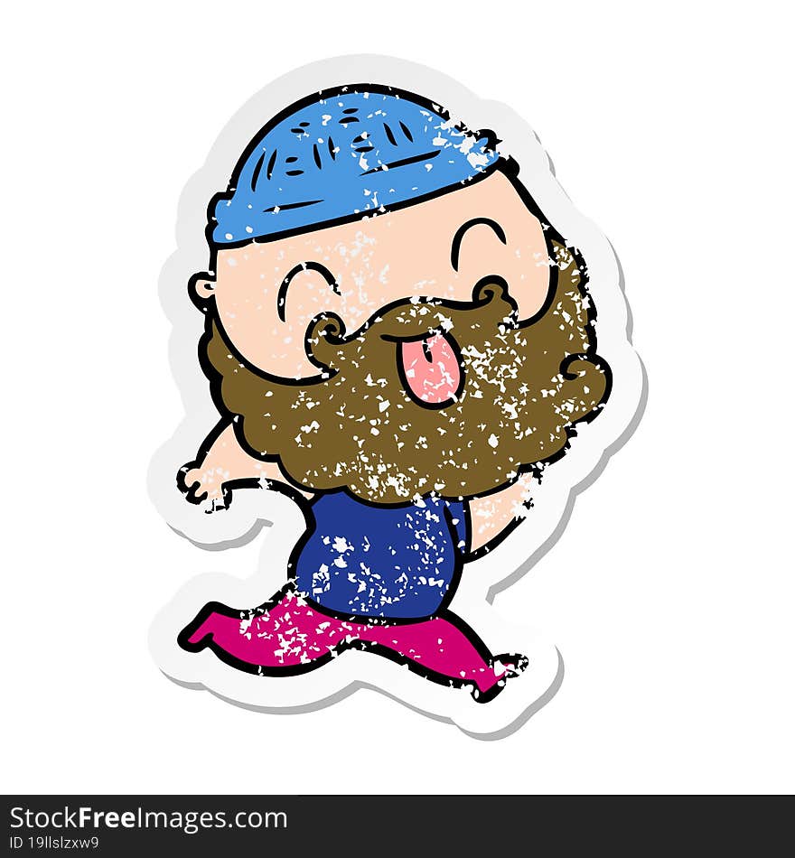 distressed sticker of a running man with beard sticking out tongue