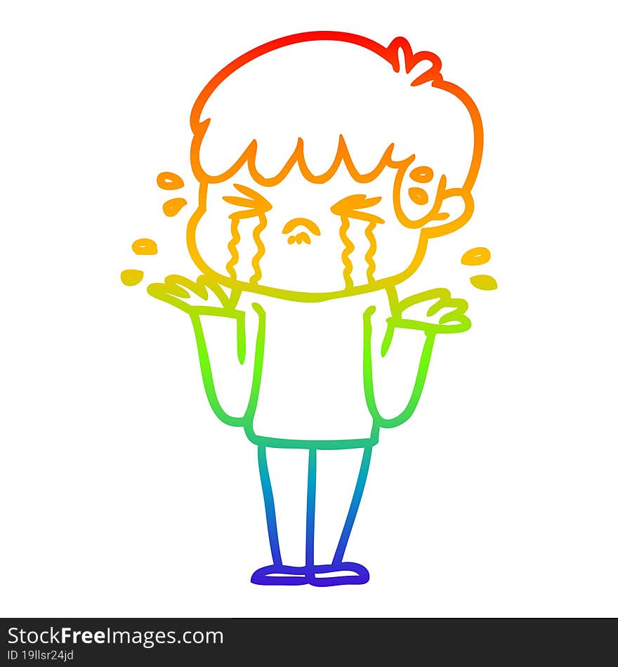 rainbow gradient line drawing cartoon boy crying and shrugging shoulders