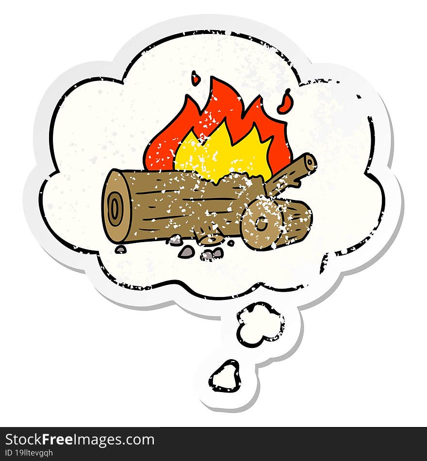 cartoon camp fire with thought bubble as a distressed worn sticker