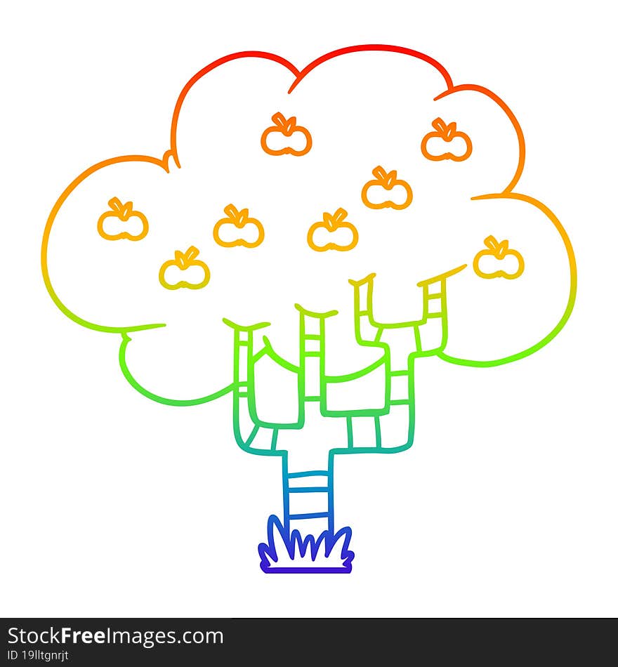 rainbow gradient line drawing of a cartoon apple tree