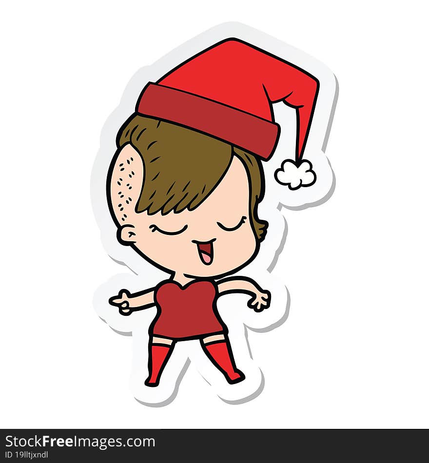 sticker of a happy cartoon girl wearing xmas hat