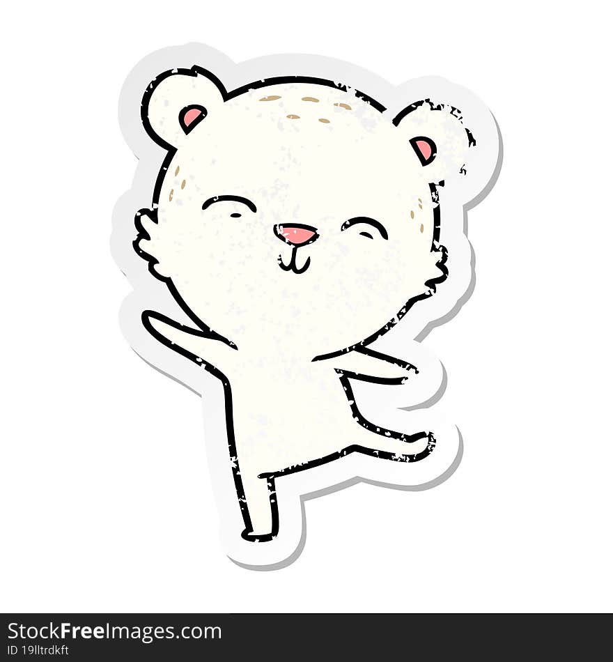 distressed sticker of a happy cartoon polar bear dancing