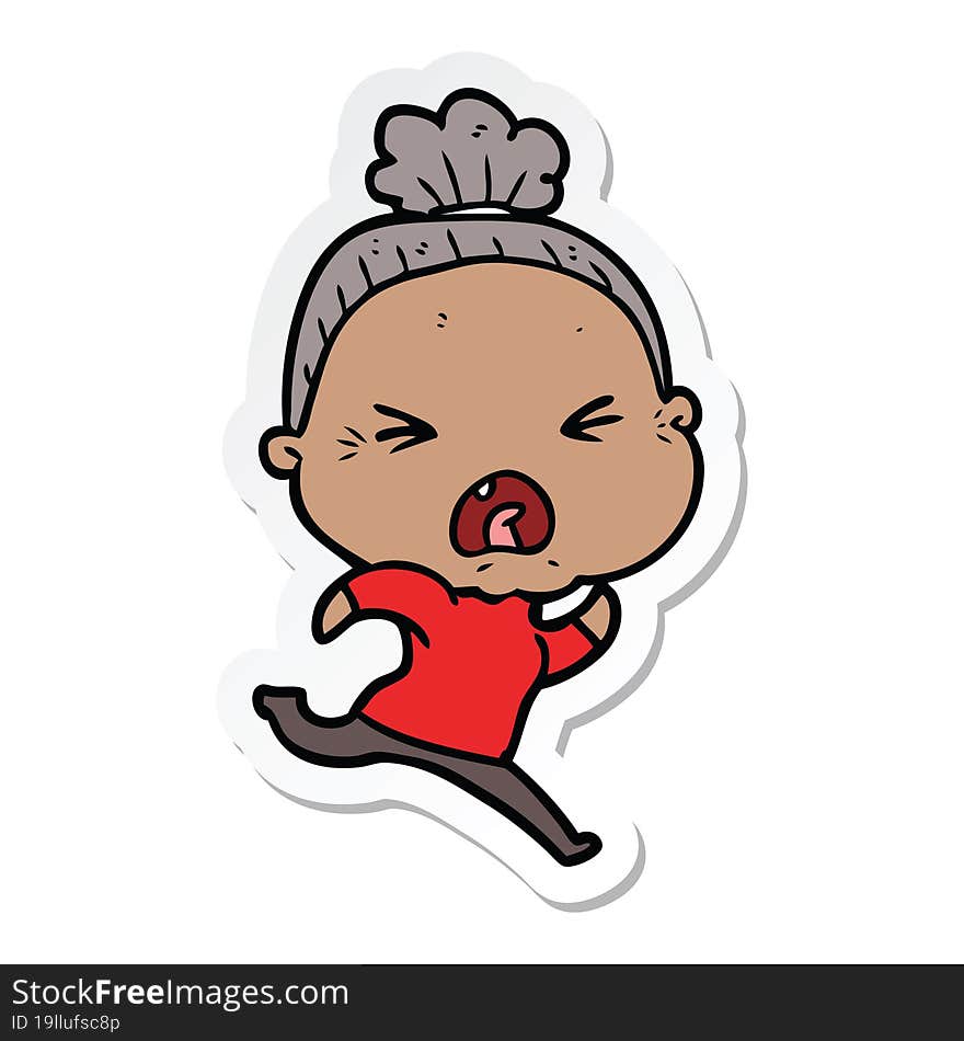 sticker of a cartoon angry old woman