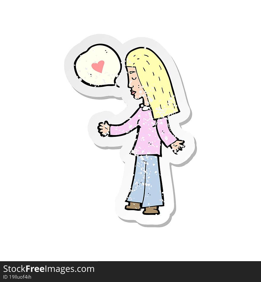 retro distressed sticker of a cartoon woman in love