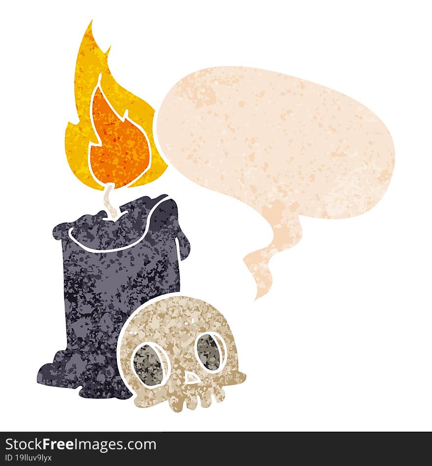 Cartoon Skull And Candle And Speech Bubble In Retro Textured Style