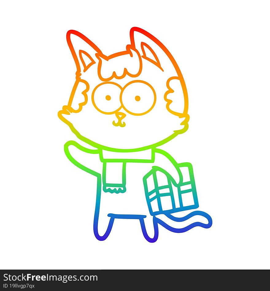 rainbow gradient line drawing happy cartoon cat with christmas present