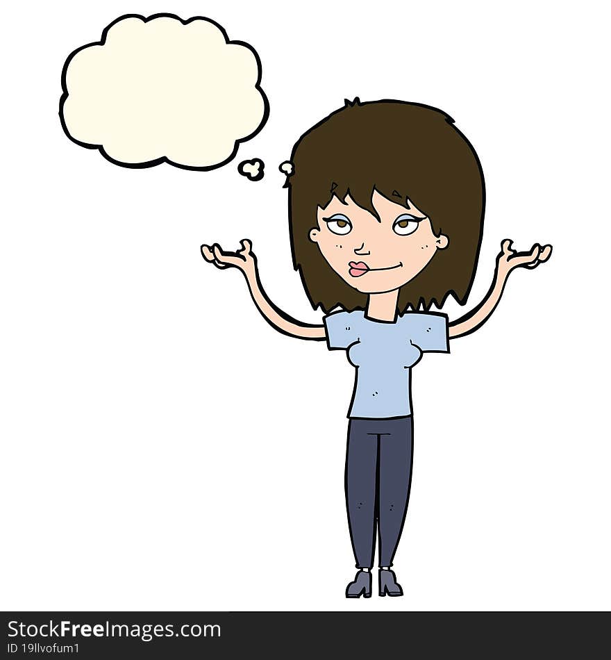 cartoon woman shrugging with thought bubble