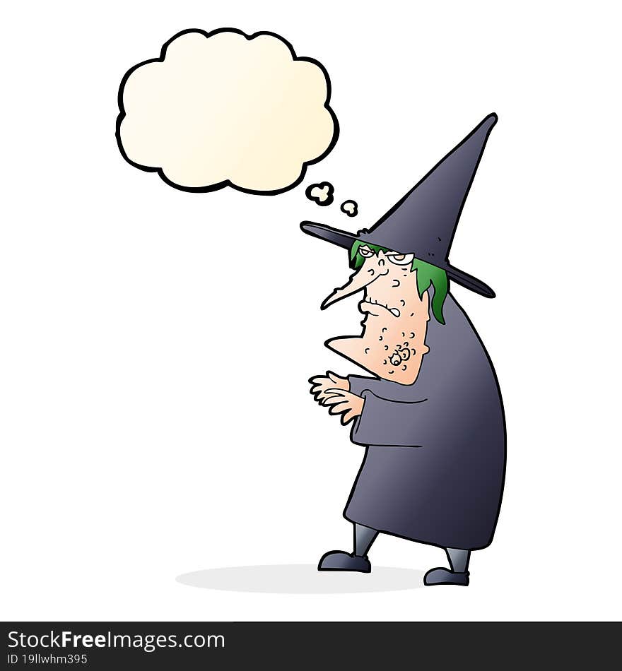 cartoon ugly old witch with thought bubble