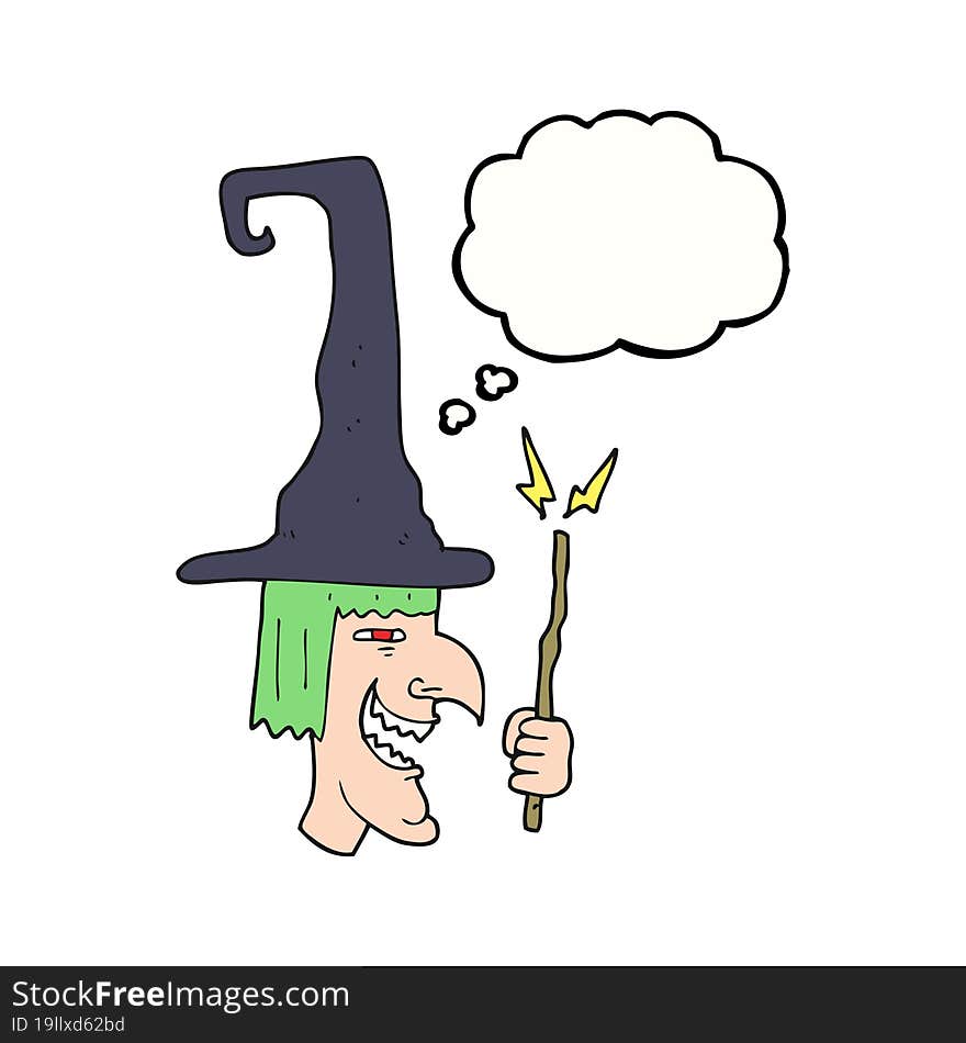 freehand drawn thought bubble cartoon laughing witch