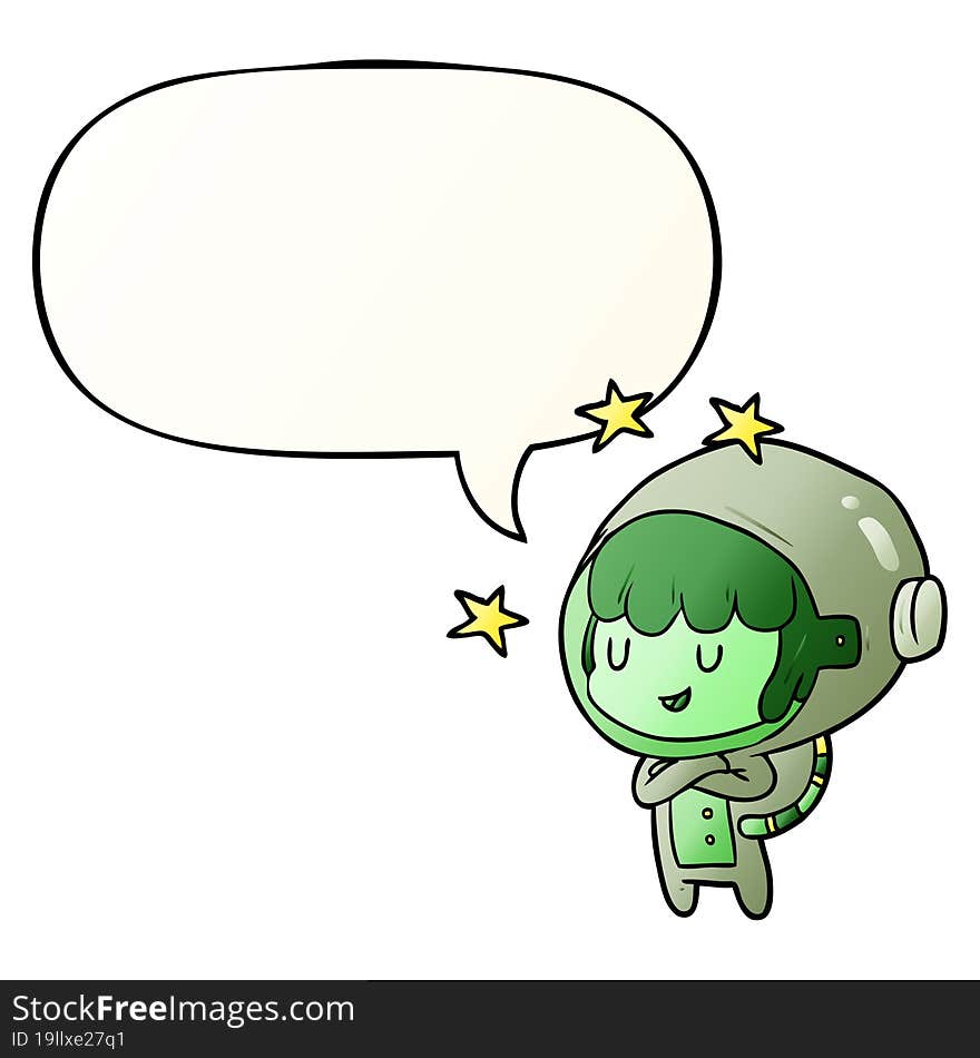 cartoon female future astronaut in space suit and speech bubble in smooth gradient style