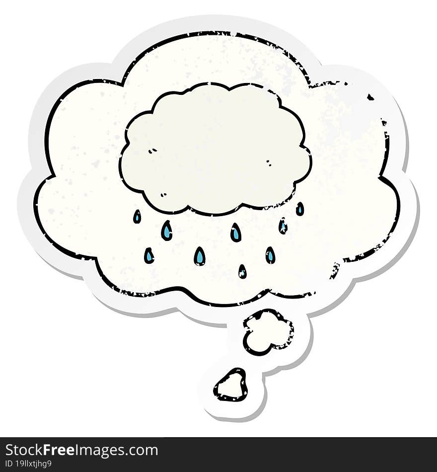 cartoon rain cloud and thought bubble as a distressed worn sticker