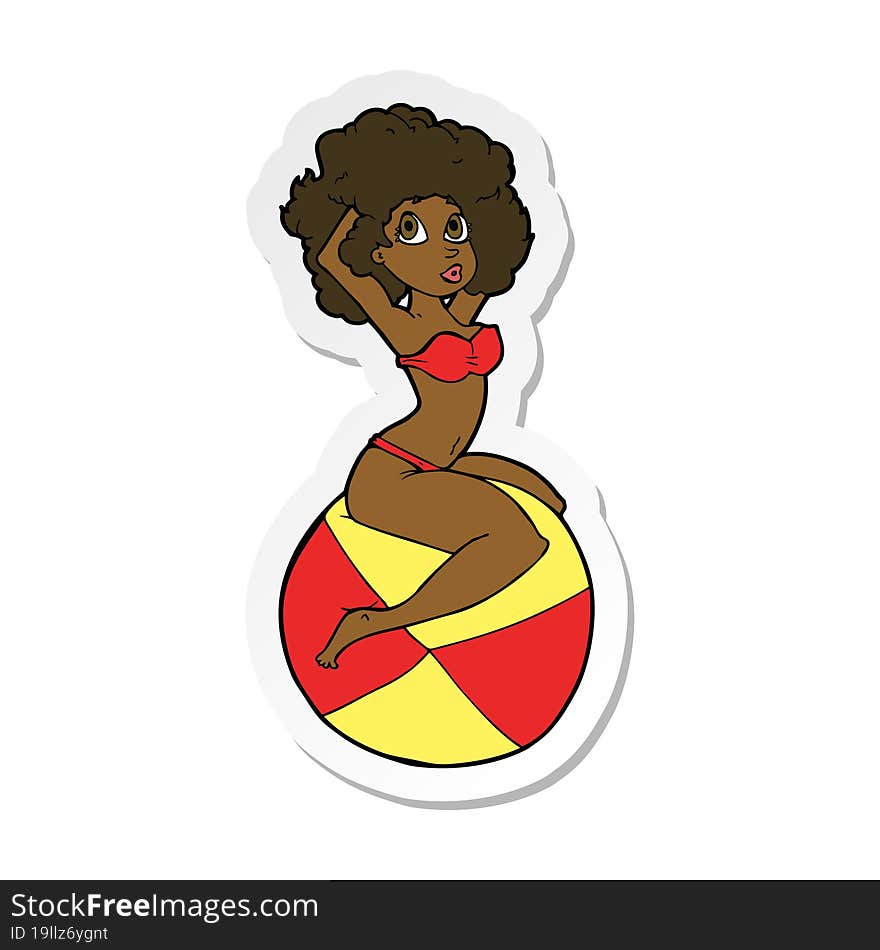 Sticker Of A Cartoon Pin Up Girl Sitting On Ball