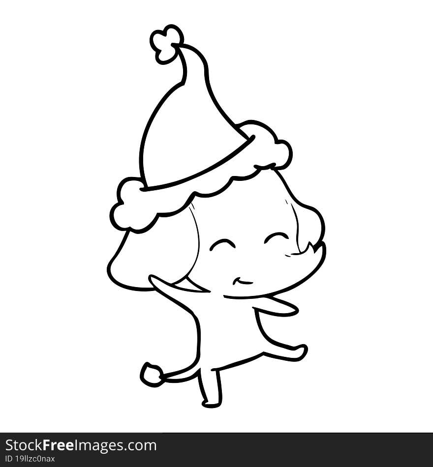 cute line drawing of a elephant dancing wearing santa hat