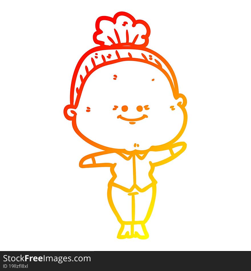 warm gradient line drawing of a cartoon happy old woman