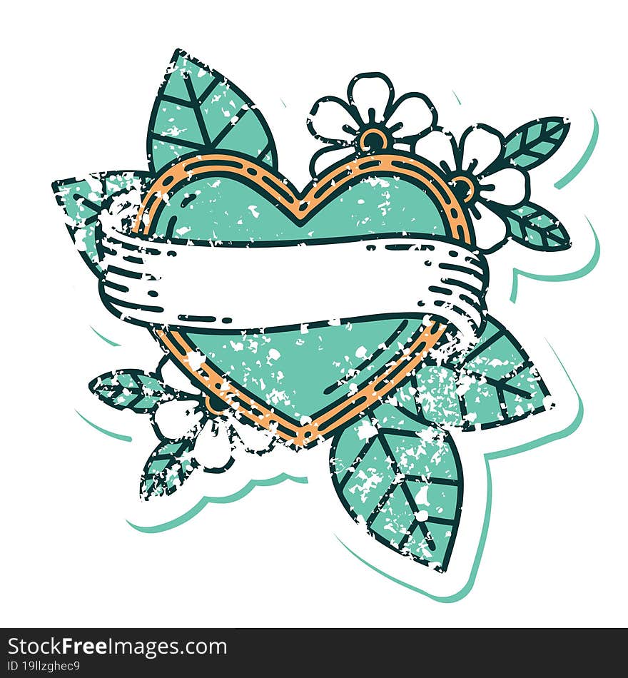 Distressed Sticker Tattoo Style Icon Of A Heart And Banner