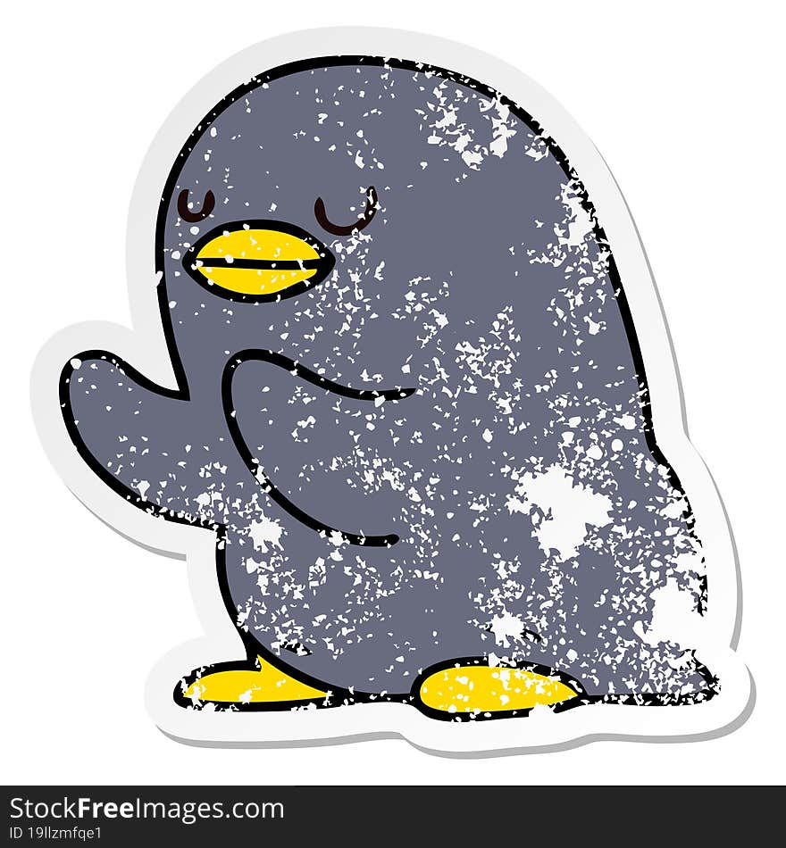 distressed sticker of a quirky hand drawn cartoon penguin