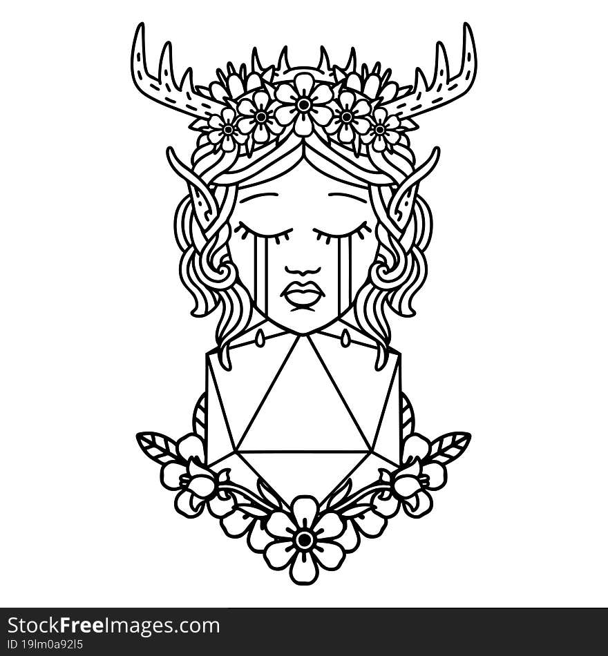 Black and White Tattoo linework Style crying elf druid character face with natural one D20 roll. Black and White Tattoo linework Style crying elf druid character face with natural one D20 roll