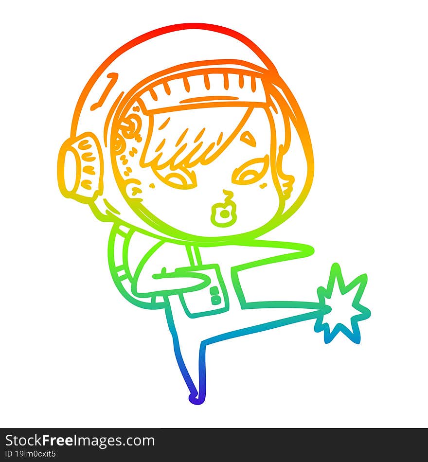 Rainbow Gradient Line Drawing Cartoon Astronaut Woman