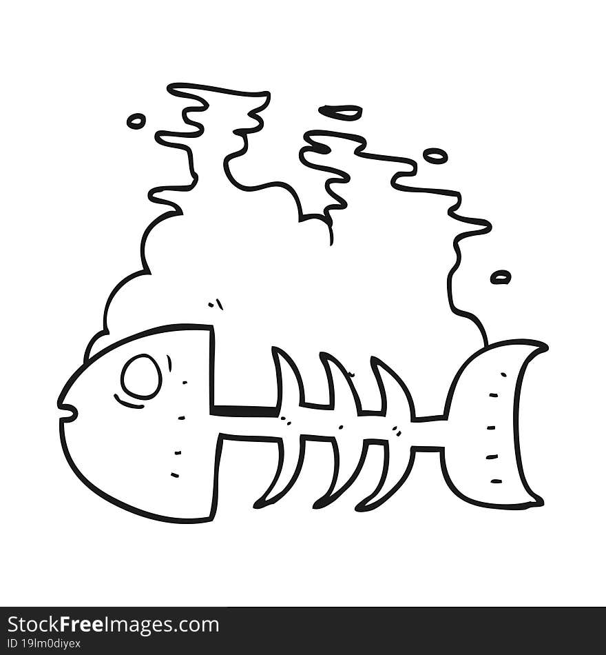 freehand drawn black and white cartoon fish bones