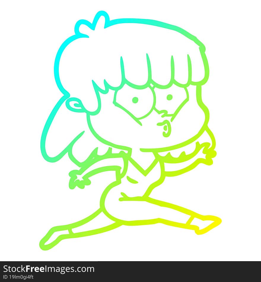 cold gradient line drawing of a cartoon woman running