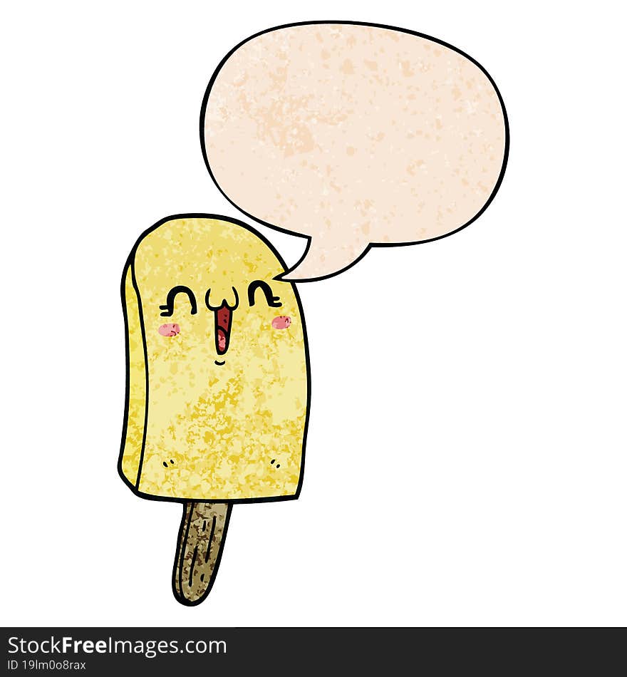 cartoon frozen ice lolly and speech bubble in retro texture style