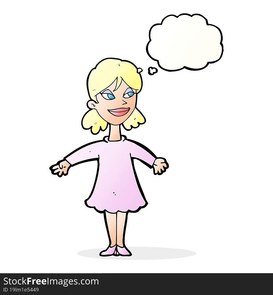 cartoon woman with open arms with thought bubble