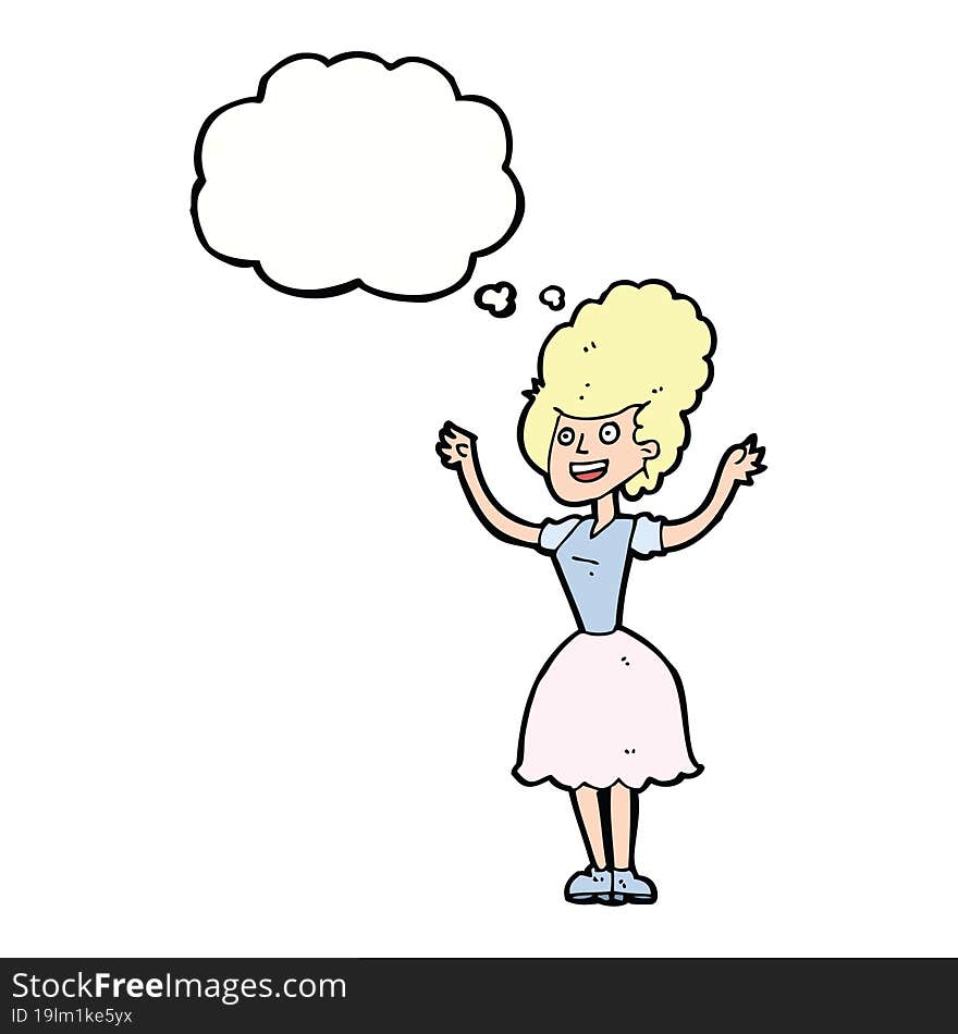 cartoon happy 1950 s woman with thought bubble