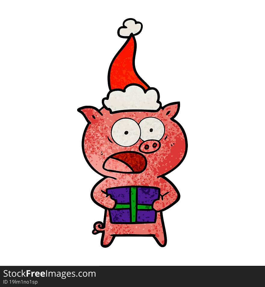 hand drawn textured cartoon of a pig with christmas present wearing santa hat