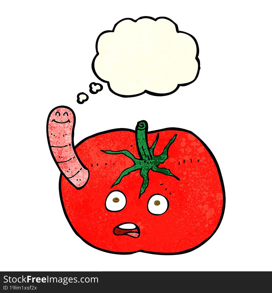 cartoon tomato with worm with thought bubble