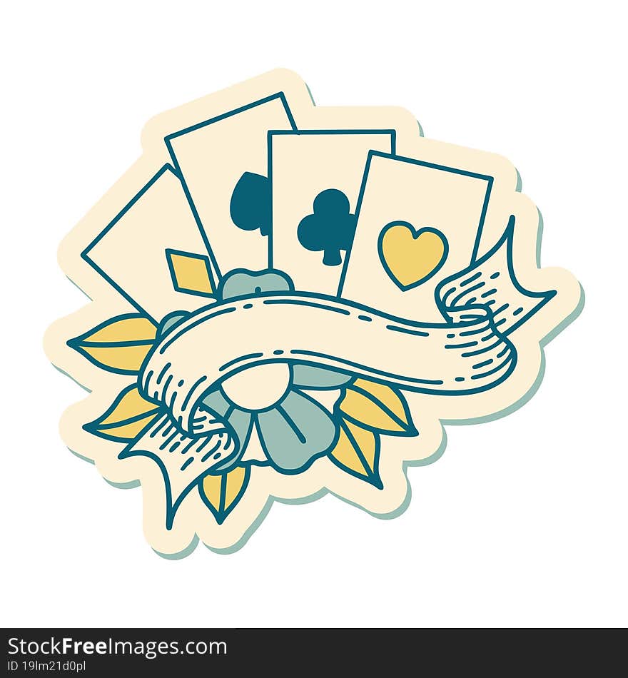 Tattoo Style Sticker Of Cards And Banner