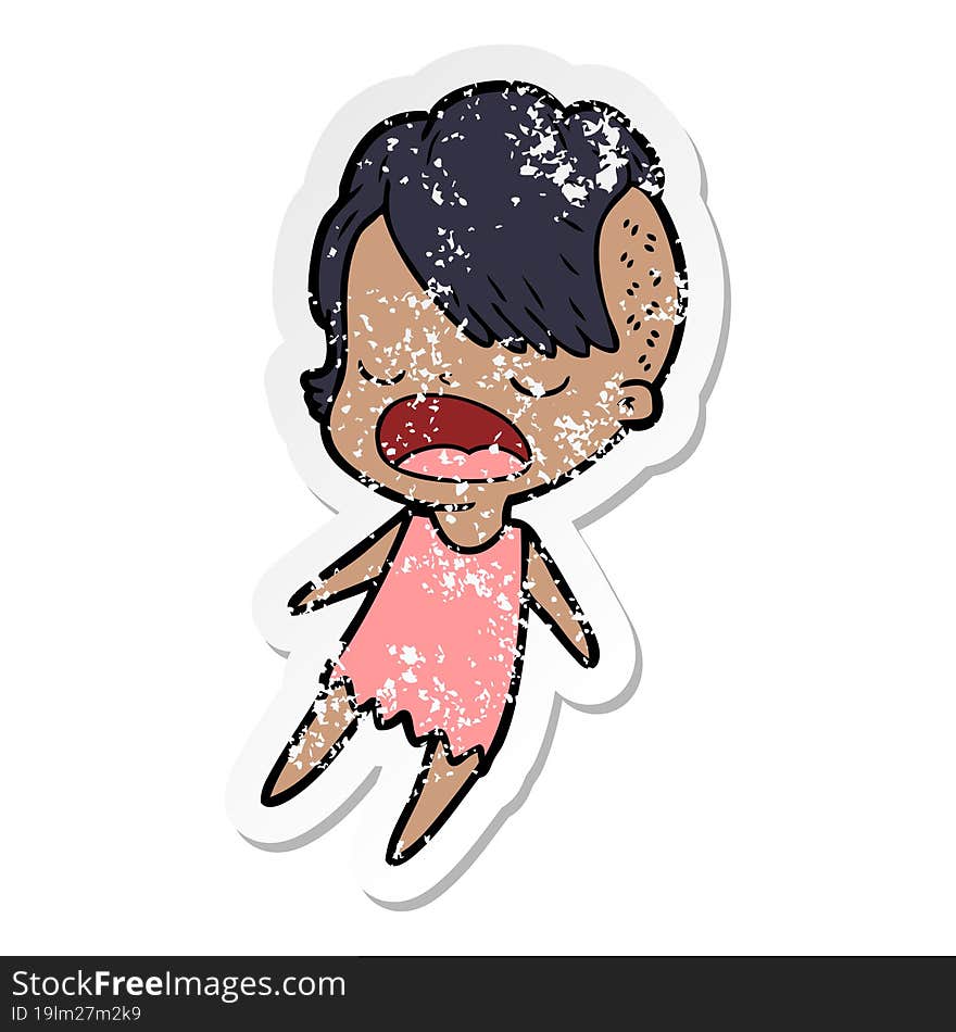 distressed sticker of a cartoon cool hipster girl talking