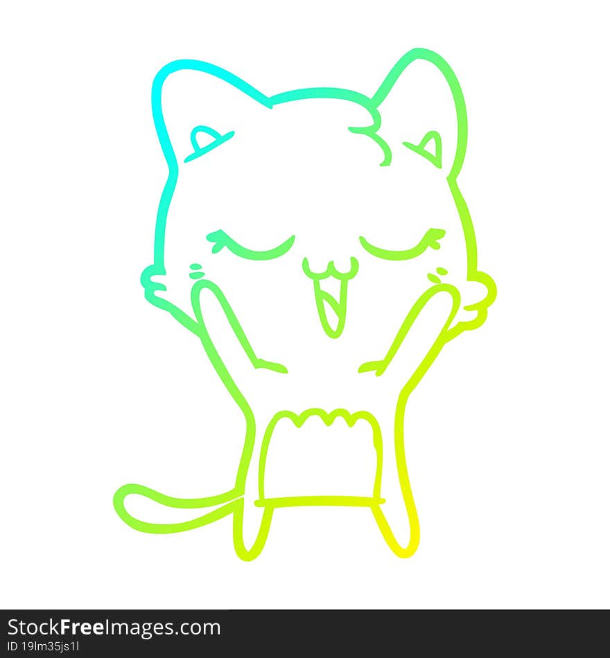 cold gradient line drawing of a happy cartoon cat