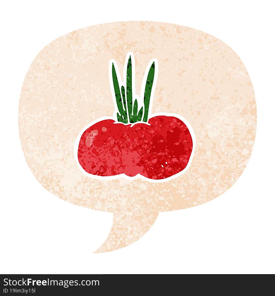 cartoon vegetable with speech bubble in grunge distressed retro textured style. cartoon vegetable with speech bubble in grunge distressed retro textured style