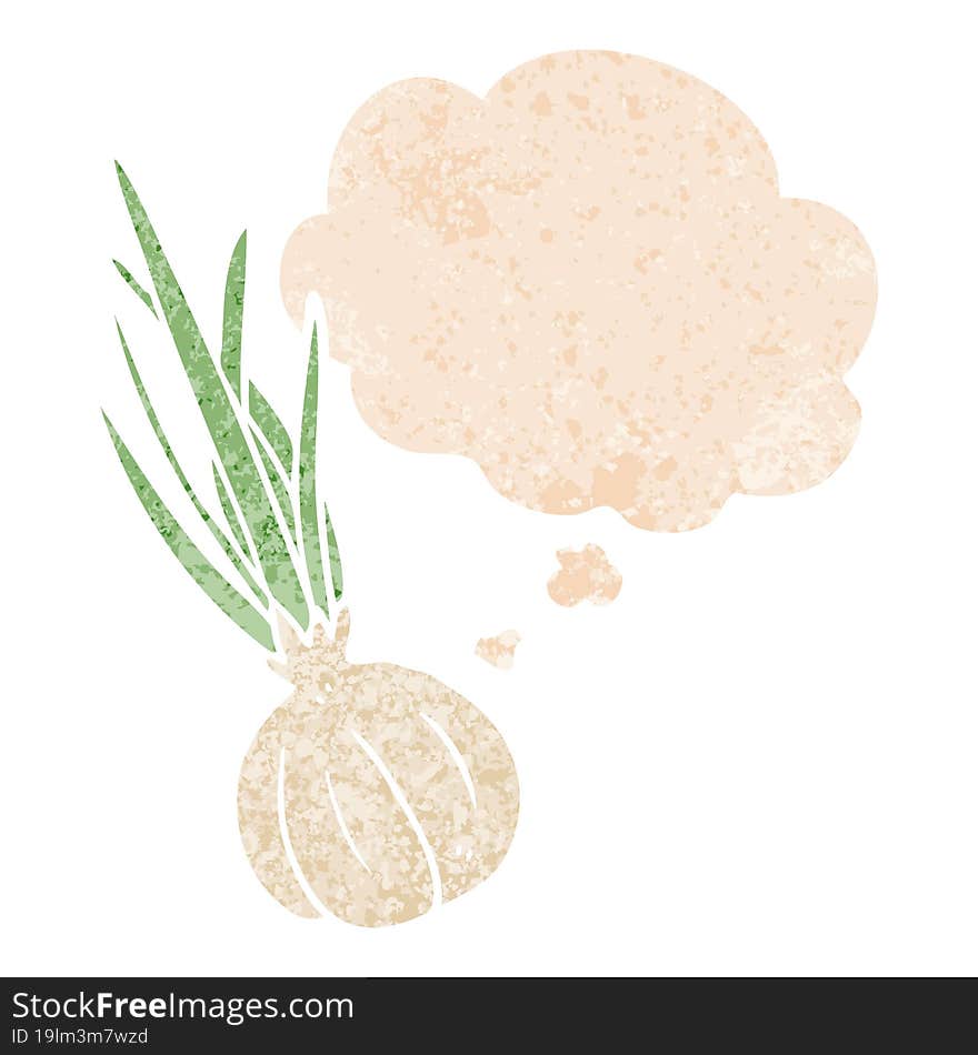 cartoon garlic and thought bubble in retro textured style