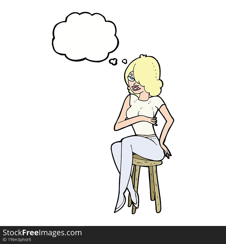 cartoon woman sitting on bar stool with thought bubble