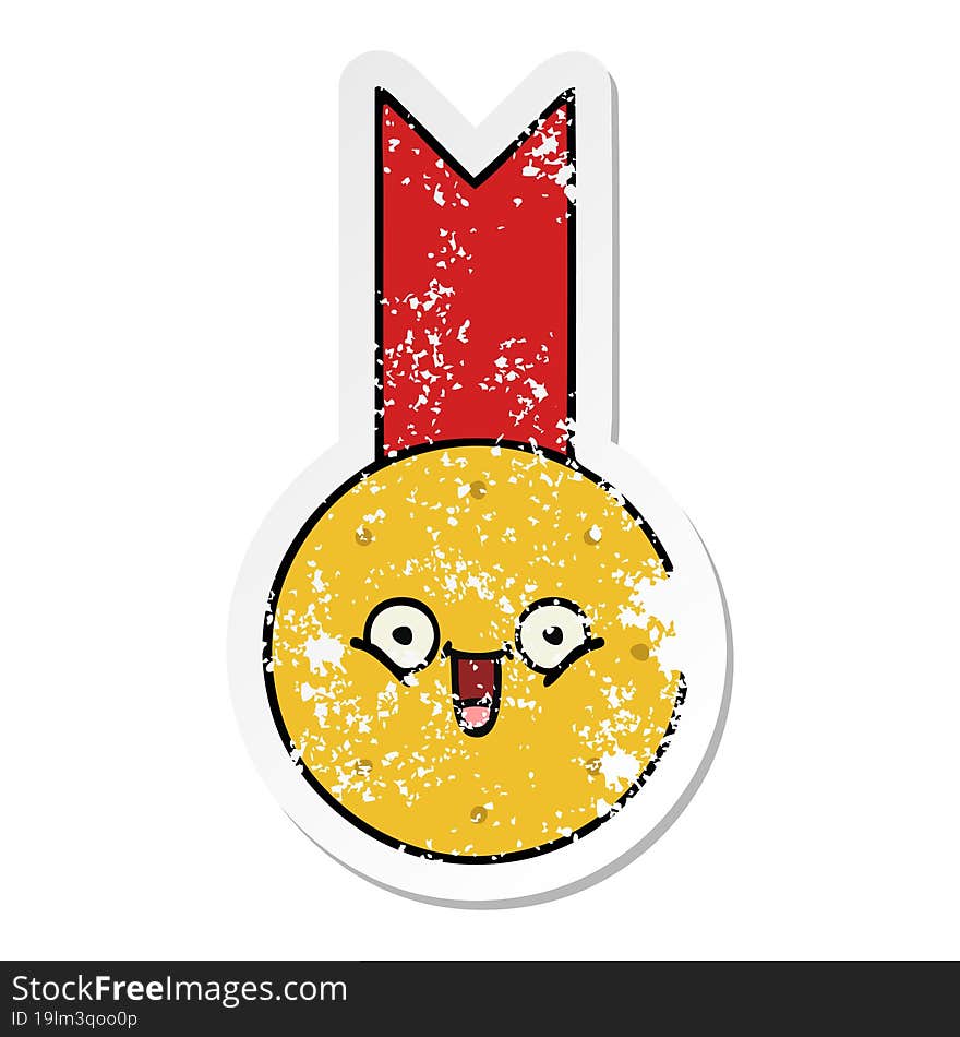 Distressed Sticker Of A Cute Cartoon Gold Medal