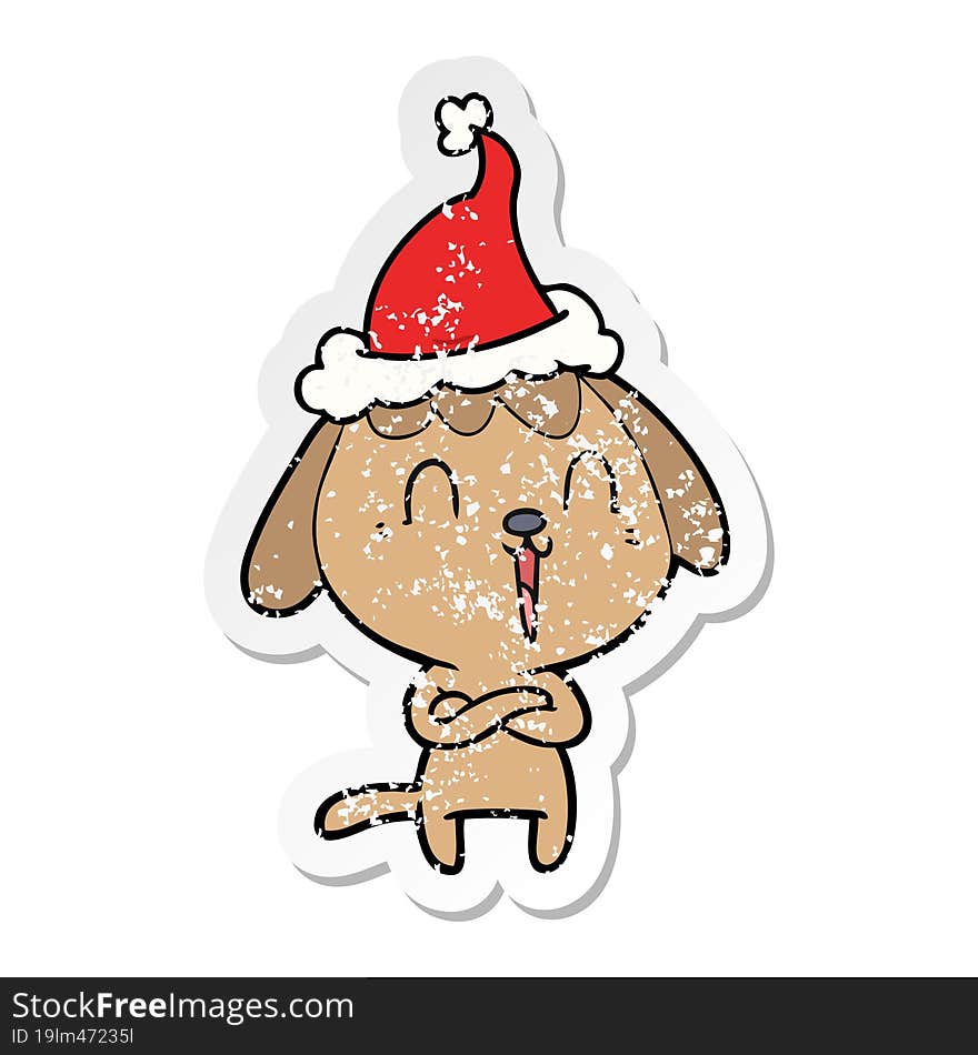 cute distressed sticker cartoon of a dog wearing santa hat