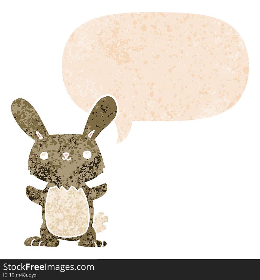 cute cartoon rabbit and speech bubble in retro textured style