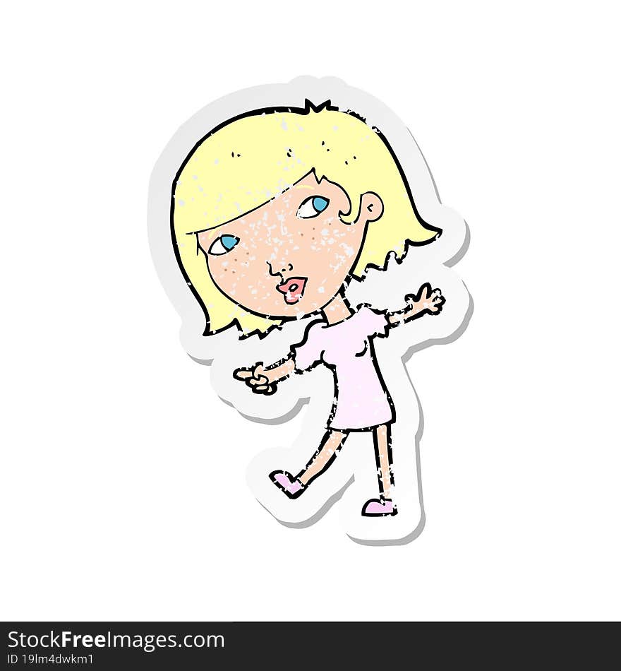 Retro Distressed Sticker Of A Cartoon Happy Girl Gesturing To Follow