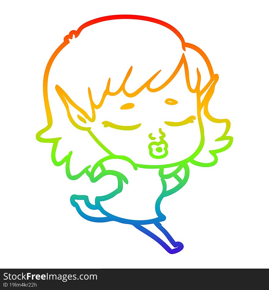 rainbow gradient line drawing pretty cartoon elf girl running