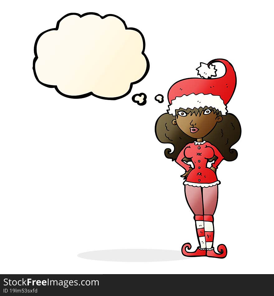 Cartoon Santa S Helper Woman With Thought Bubble